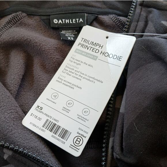 Nwt Athleta Triumph Printed Hoodie - Black Camo XS MSRP $128 - Picture 4 of 7